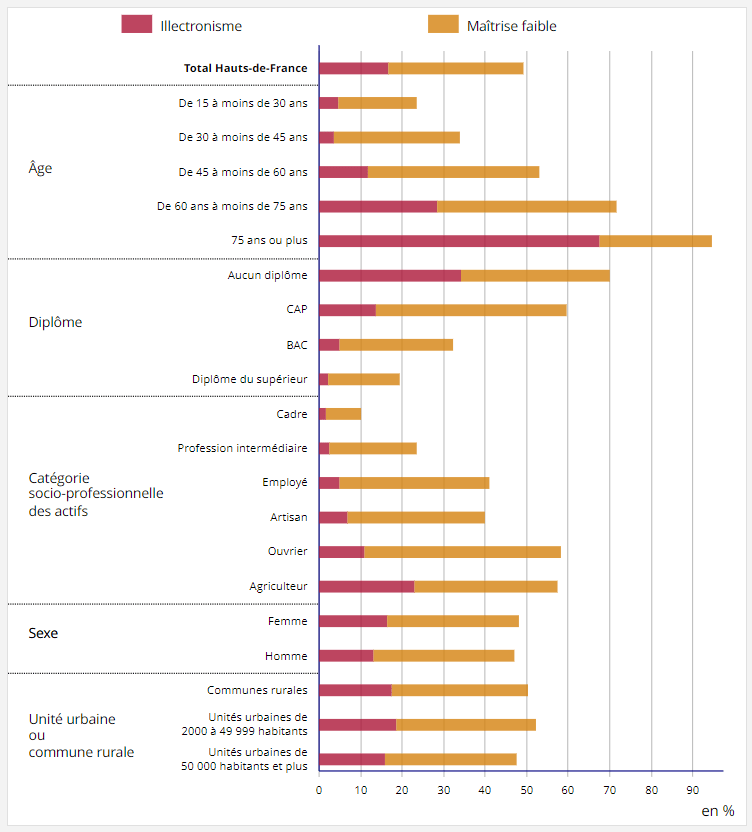 Graphique : l'illectronisme et faible maîtrise du numérique INSEE