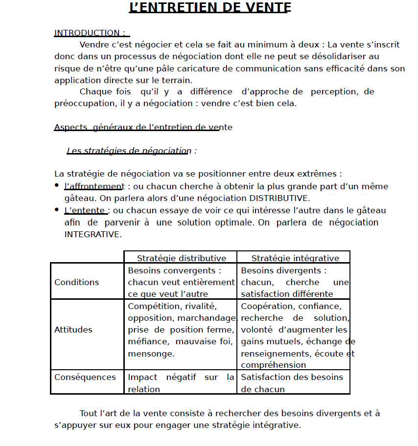 Capture document exercice IA : vente distributive