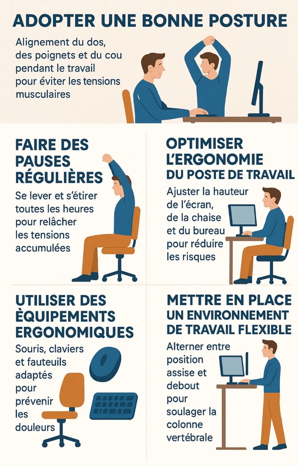 infographie : conseils ergonomiques pour un espace de travail sain.