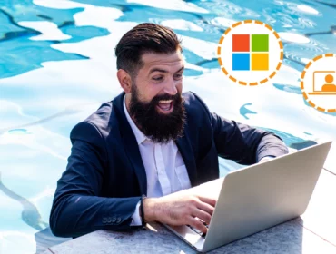 salarié dans la piscine qui prépare son absence du bureau avec Microsoft 365