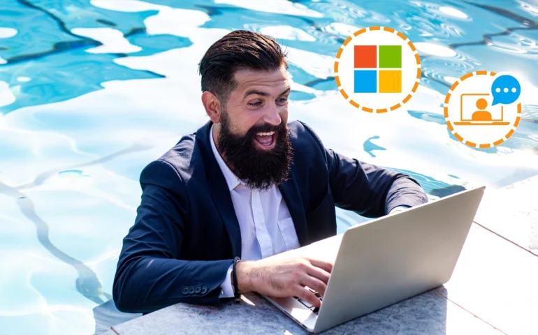 salarié dans la piscine qui prépare son absence du bureau avec Microsoft 365