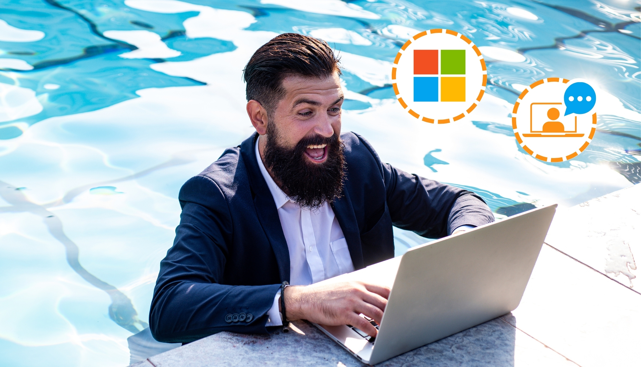 salarié dans la piscine qui prépare son absence du bureau avec Microsoft 365