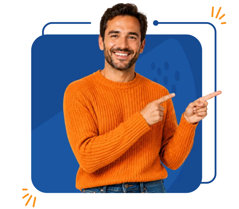 homme de mandarine academy qui pointe vers la droite